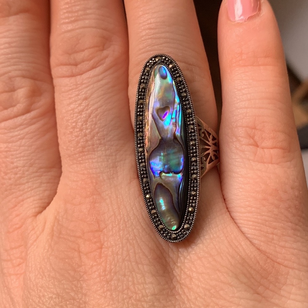 Abalone & Grey Rhinestone studded sterling silver ring size 8